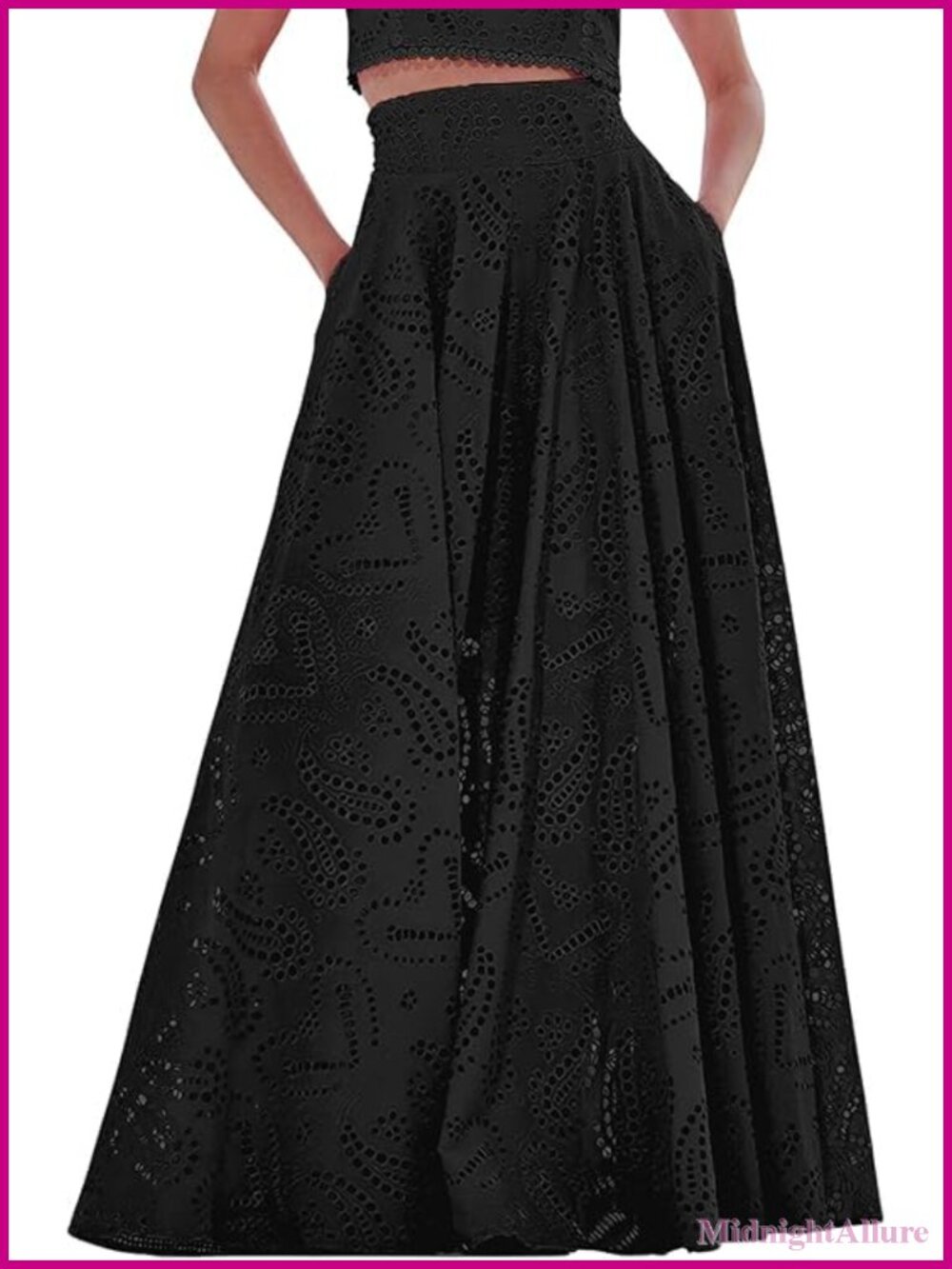 Boho Eyelet Lace Maxi Skirt with Pockets Smocked Waist